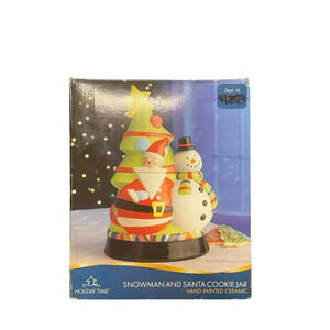 Holiday Time Snowman & Santa Cookie Jar Christmas Tree Hand Painted Ceramic NIB
